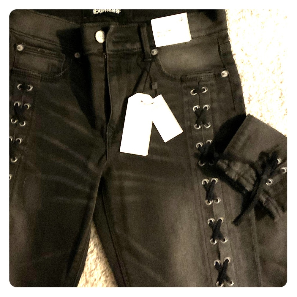 Express lace up fade distressed black jean legging